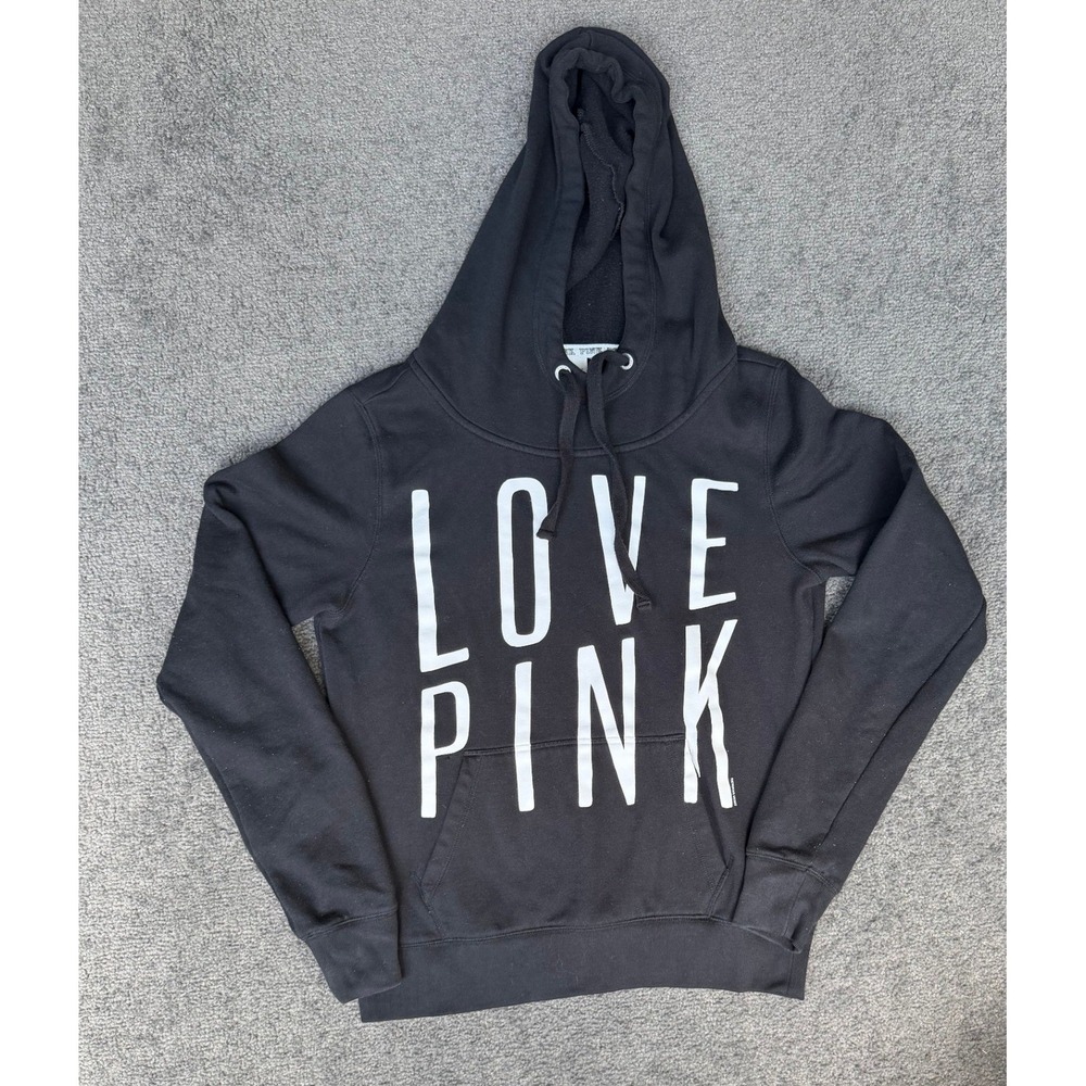 PINK Victoria's Secret Black Love Pink Graphic Pullover Hoodie Sweatshirt Small